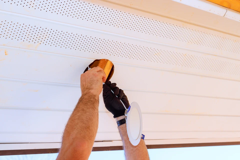 Un électricien installe des lampes de plafond encastrées à DEL dans une nouvelle maison